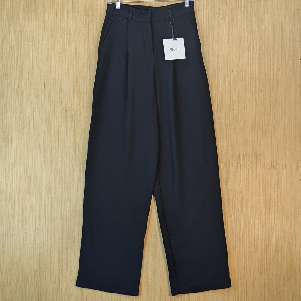 Piral Womens High Waisted Wide Leg Pleated‎ Trousers Black XS Minimalist Career